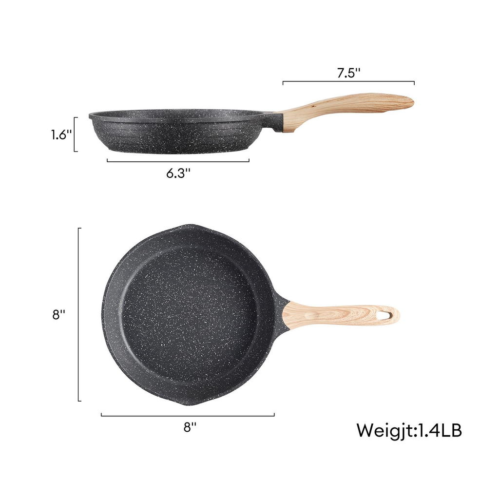 8 Inch Nonstick Frying Pan, Stone Coating Cookware Omelette Pan, Heat Resistant Handle, Compatible with All Stoves, Grey