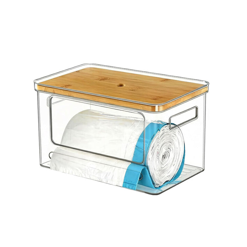 Stackable Storage Organizer with Bamboo Top, Extra Large Trash Bag Dispenser, Garbage Bag Holder, Under Sink Organizer, Pantry and Laundry Room Storage