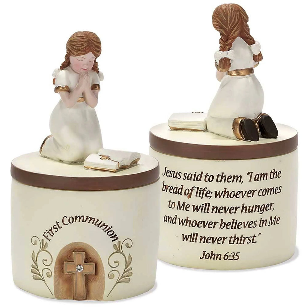 First Communion Keepsake Box with Praying Girl Figurine, Resin Religious Jewelry Box with Removable Lid, 5.25"