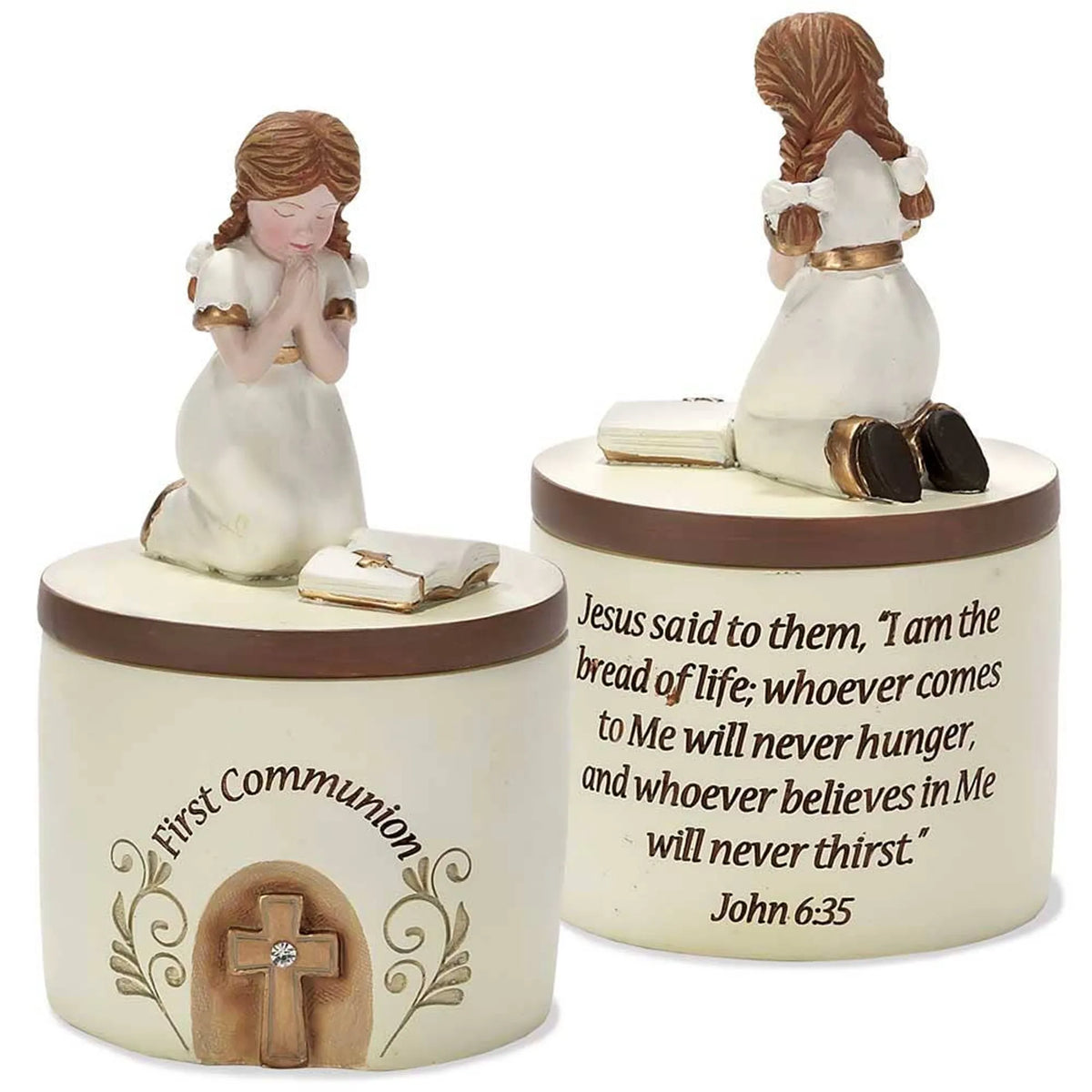 First Communion Keepsake Box with Praying Girl Figurine, Resin Religious Jewelry Box with Removable Lid, 5.25"