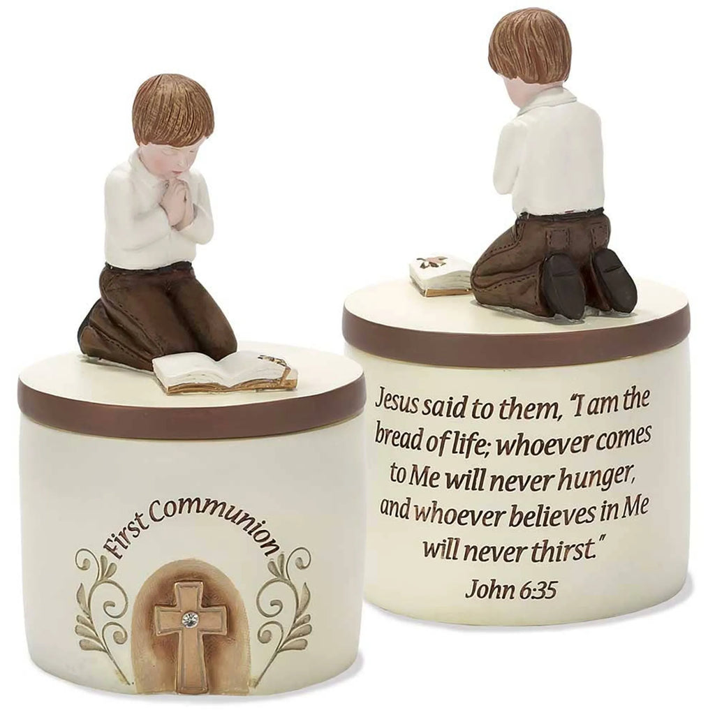 First Communion Keepsake Box with Praying Boy Figurine, Resin Religious Jewelry Storage Box, 5.25 in