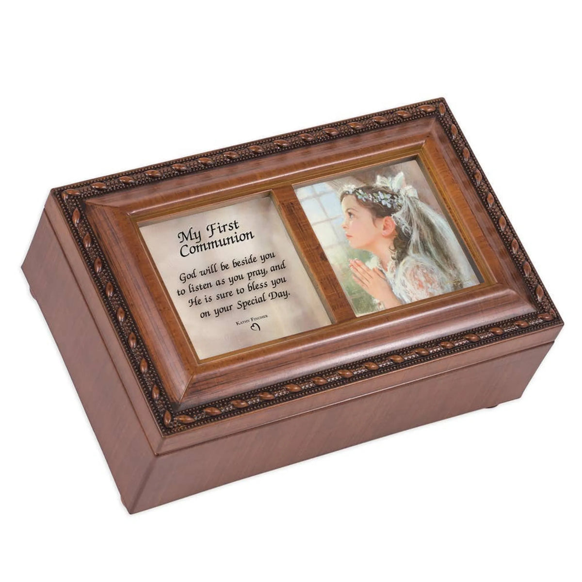 First Communion Music Box Keepsake with Double Photo Frame, Velvet-Lined Storage, Wind-Up Ave Maria, Brown