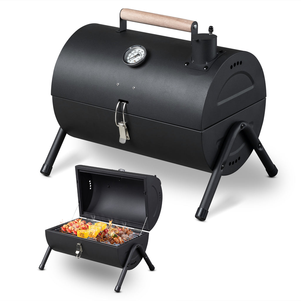 AEELLEEA-Portable Charcoal Grill with Thermometer & Wooden Handle, Compact Tabletop BBQ Grill for Camping