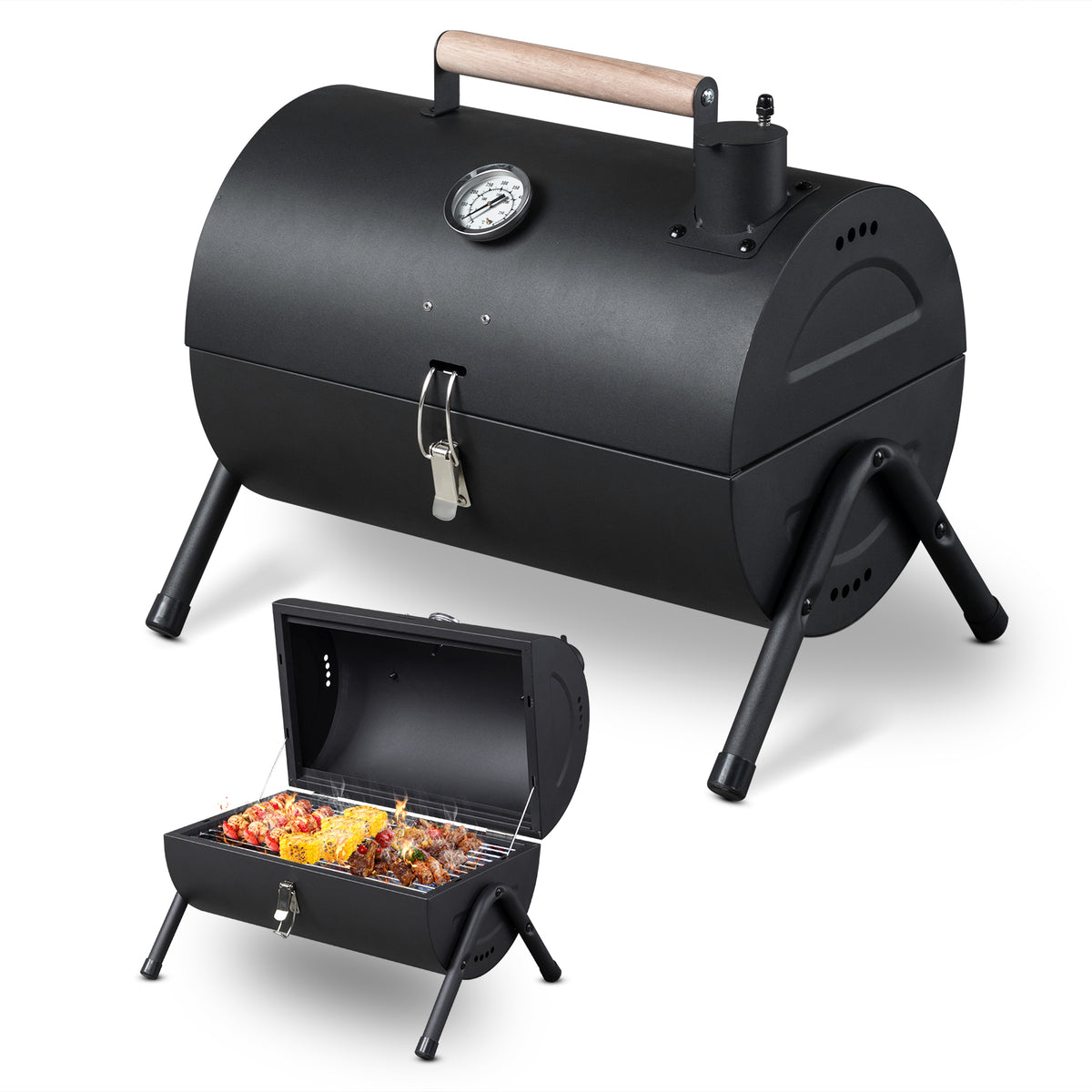 AEELLEEA-Portable Charcoal Grill with Thermometer & Wooden Handle, Compact Tabletop BBQ Grill for Camping