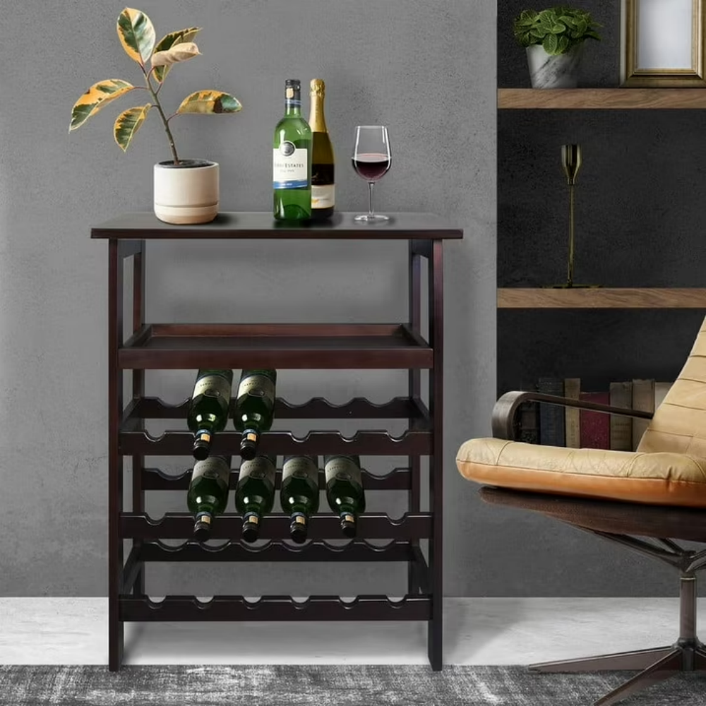 AEELLEEA Solid Wood Freestanding Wine Rack, 18 Bottle Storage Wine Holder with Tabletop & Accessory Tray for Kitchen Dining Room