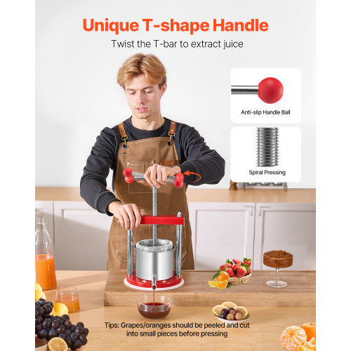0.44 Gal / 1.65L Manual Fruit Wine Press, Stainless Steel Juice Press with T-Handle, Apple Grape Cider