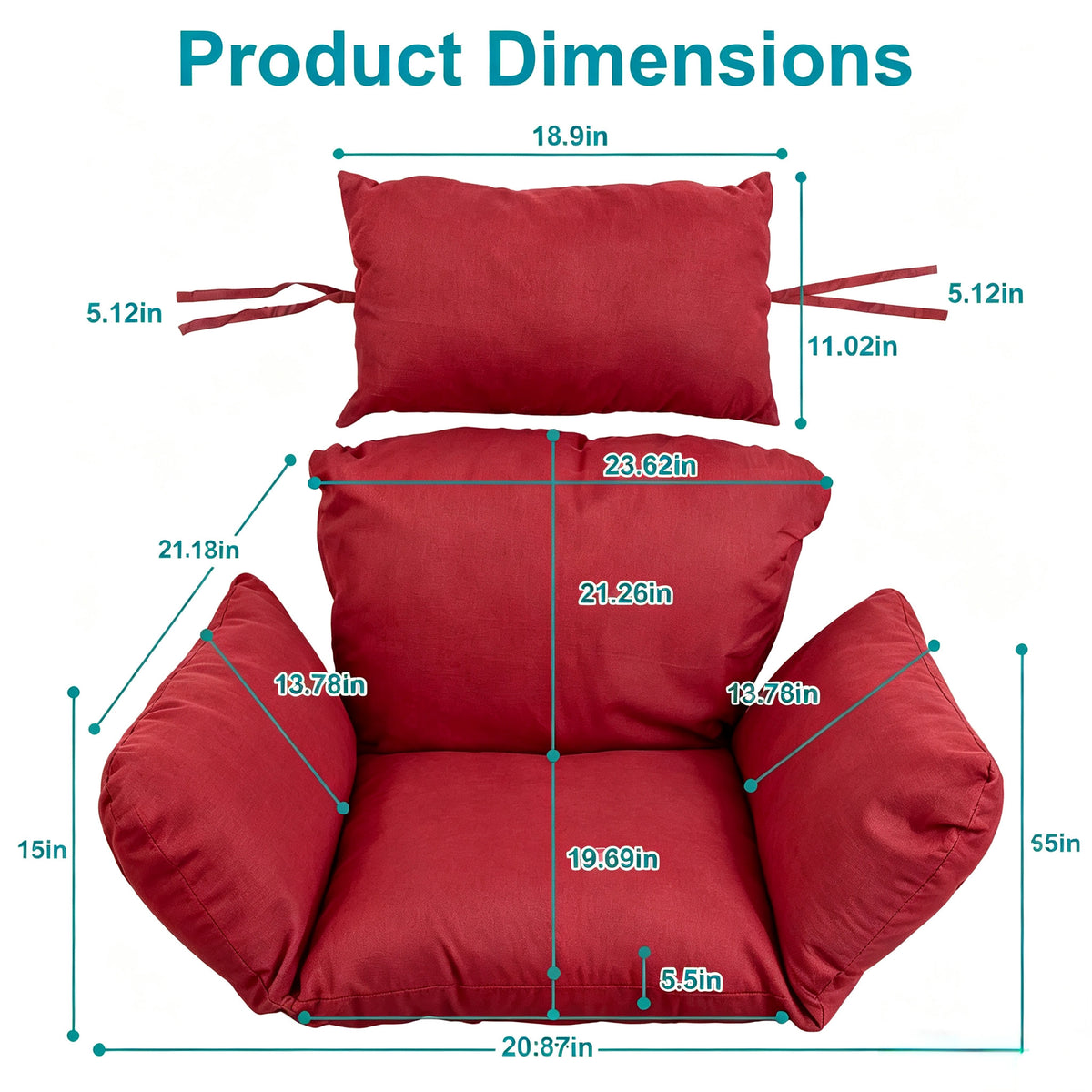 Hanging Egg Chair Cushion with Head Pillow, Thick Hollow Cotton Replacement Pad, Removable Washable Polyester Cover for Indoor Outdoor Wicker Swing Chair