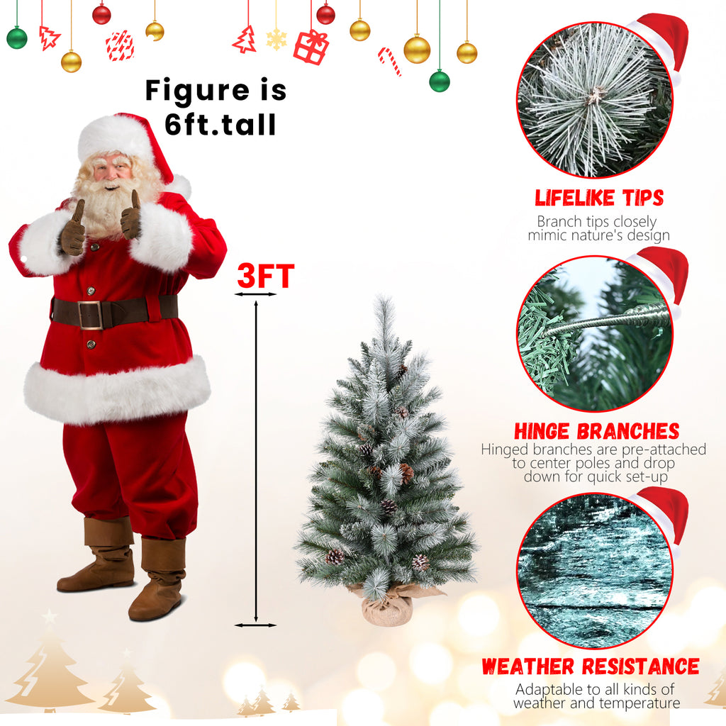 3ft Small Flocked Artificial Christmas Tree with Pinecones & Burlap Base, Tabletop Mini Christmas Tree for Home Holiday Decor
