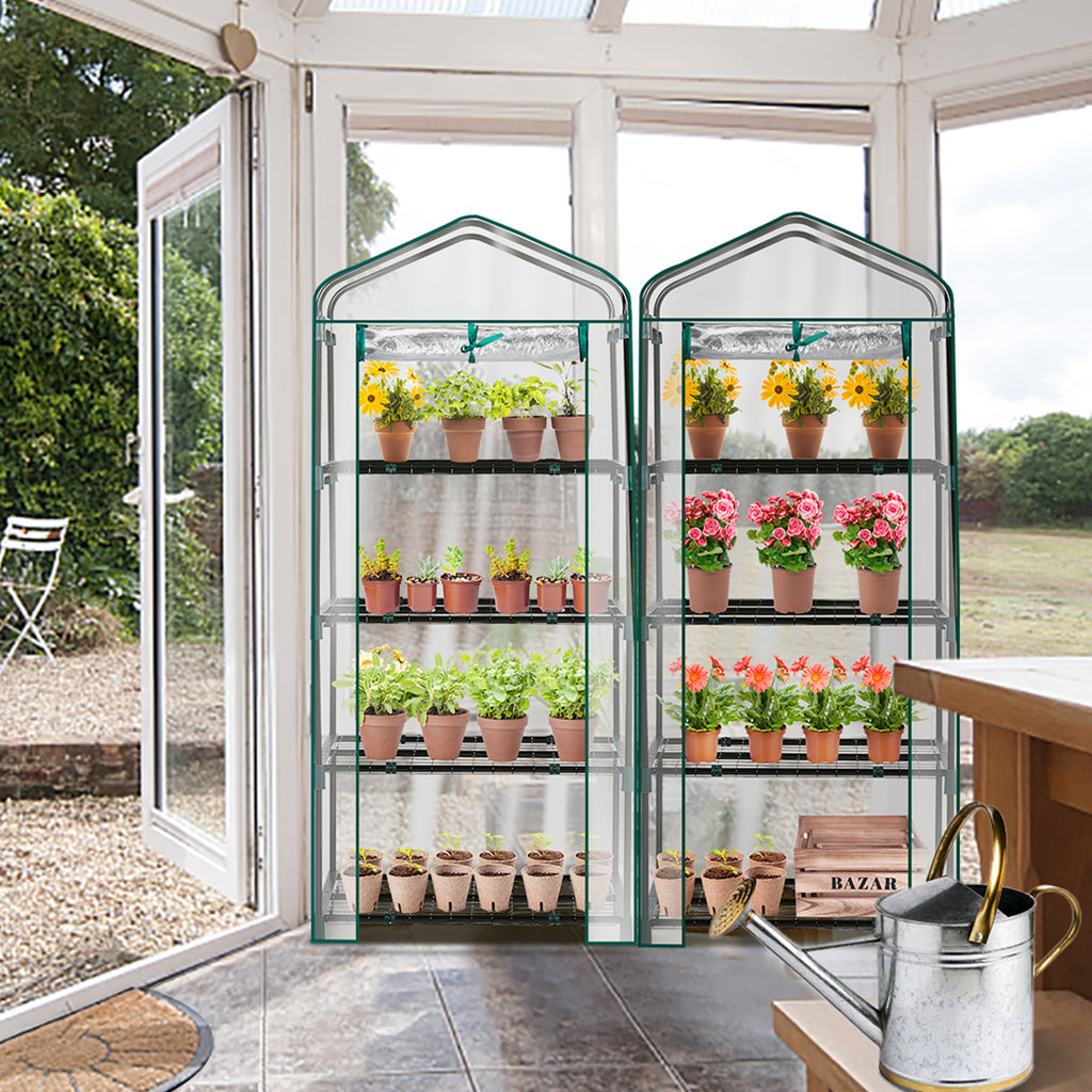 AEELLEEA-4-4-Tier Mini Greenhouse with PVC Cover & Roll-Up Zipper Door, Portable Waterproof Greenhouse for Garden Backyard. 27"x19"x62", transparent cover guards plants, easy to assemble & move, ideal for seedlings