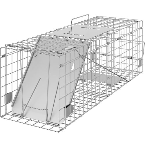 Live Animal Cage Trap, 24"x8"x8", Humane Galvanized Iron Folding Trap with Handle for Cats, Rabbits, Raccoons, Squirrels & More
