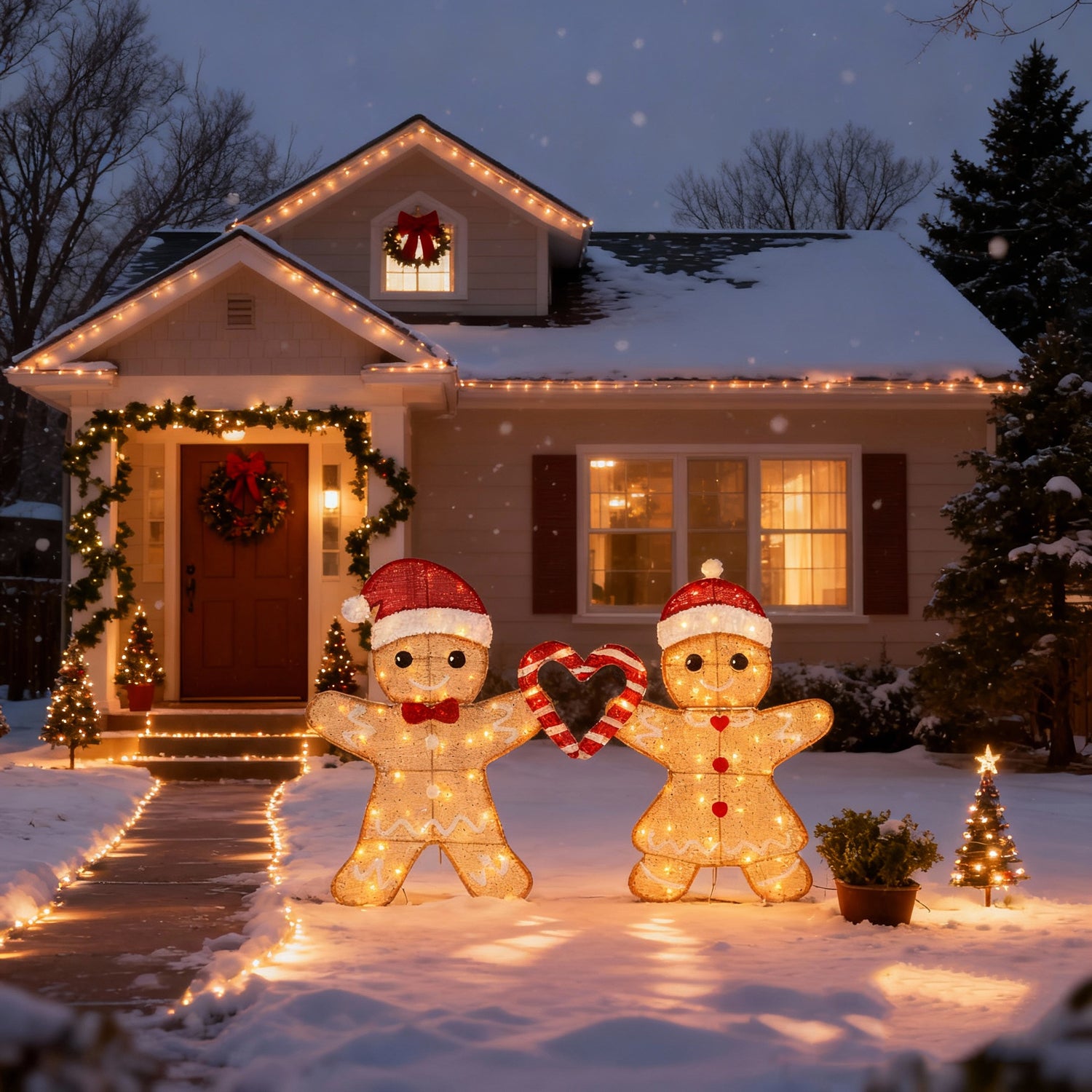 32"H 2 Boxes Heart-Shaped Gingerbread Men String Lights (50+50), Warm White Leather Line, Holiday Decoration. Add warmth & joy to home/office, enhance festive atmosphere.
