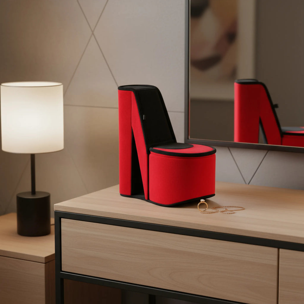 Red Velvet High Heel Shaped Jewelry Box, Multi Compartment Jewelry Storage Organizer, Decorative Vanity Tabletop Case & Unique Gift
