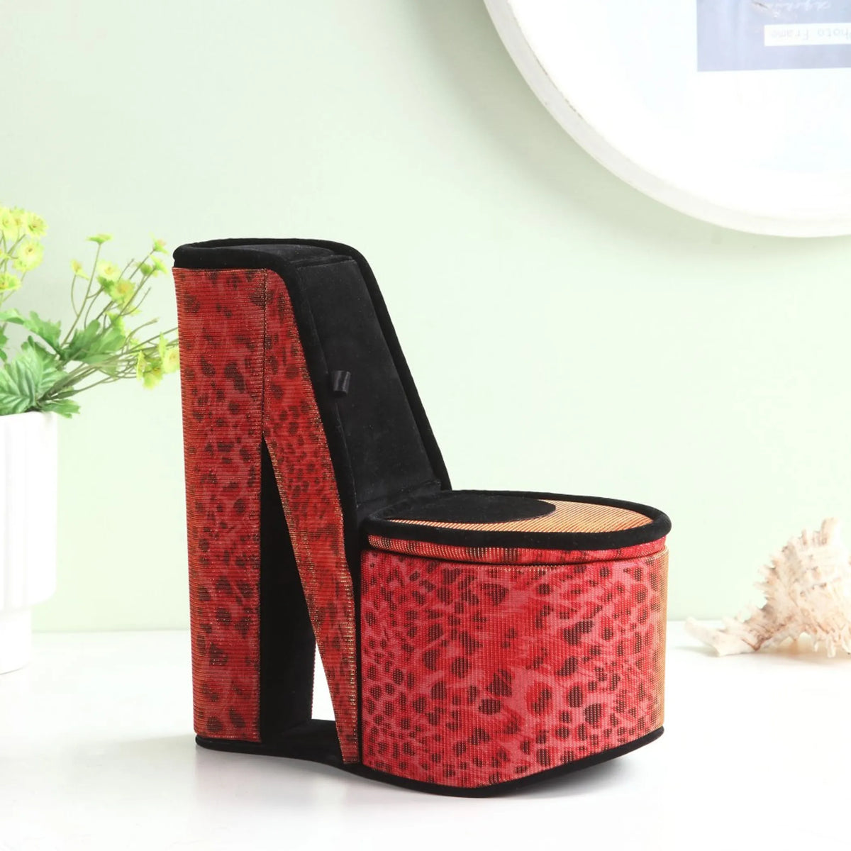 Red Leopard Print High Heel Shaped Jewelry Box, Multi Compartment Jewelry Storage Organizer, Decorative Vanity Tabletop Case & Unique Gift