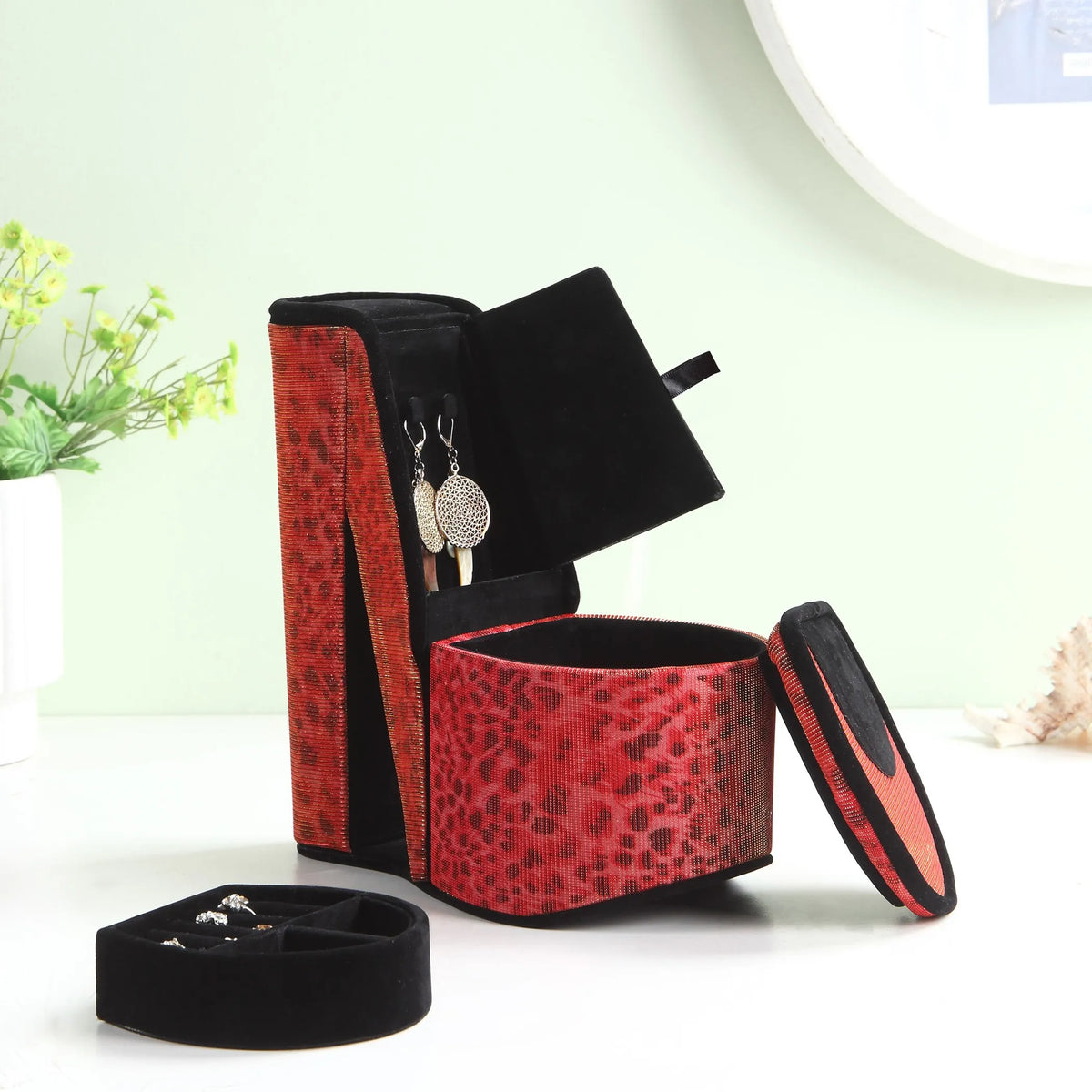 Red Leopard Print High Heel Shaped Jewelry Box, Multi Compartment Jewelry Storage Organizer, Decorative Vanity Tabletop Case & Unique Gift