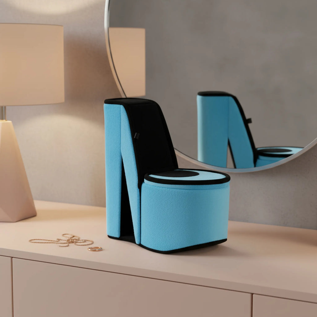 Blue Velvet High Heel Shaped Jewelry Box, Multi Compartment Storage Organizer, Decorative Tabletop Jewelry Case & Unique Gift