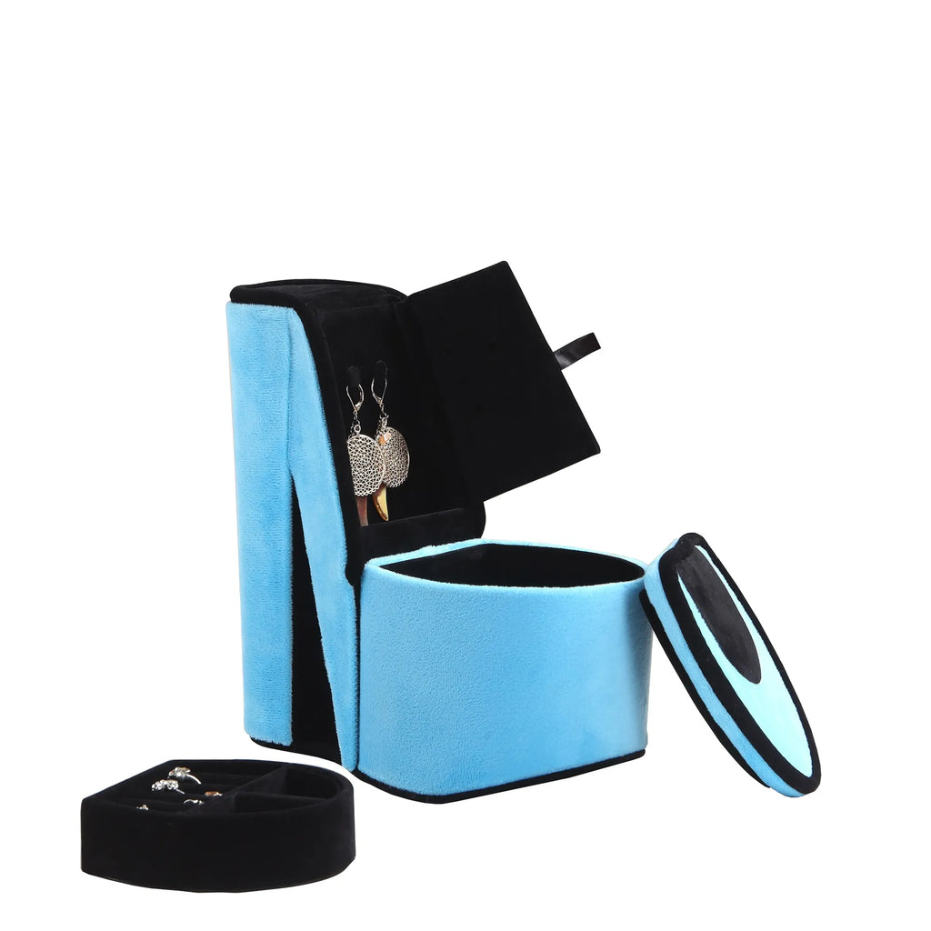 Blue Velvet High Heel Shaped Jewelry Box, Multi Compartment Storage Organizer, Decorative Tabletop Jewelry Case & Unique Gift