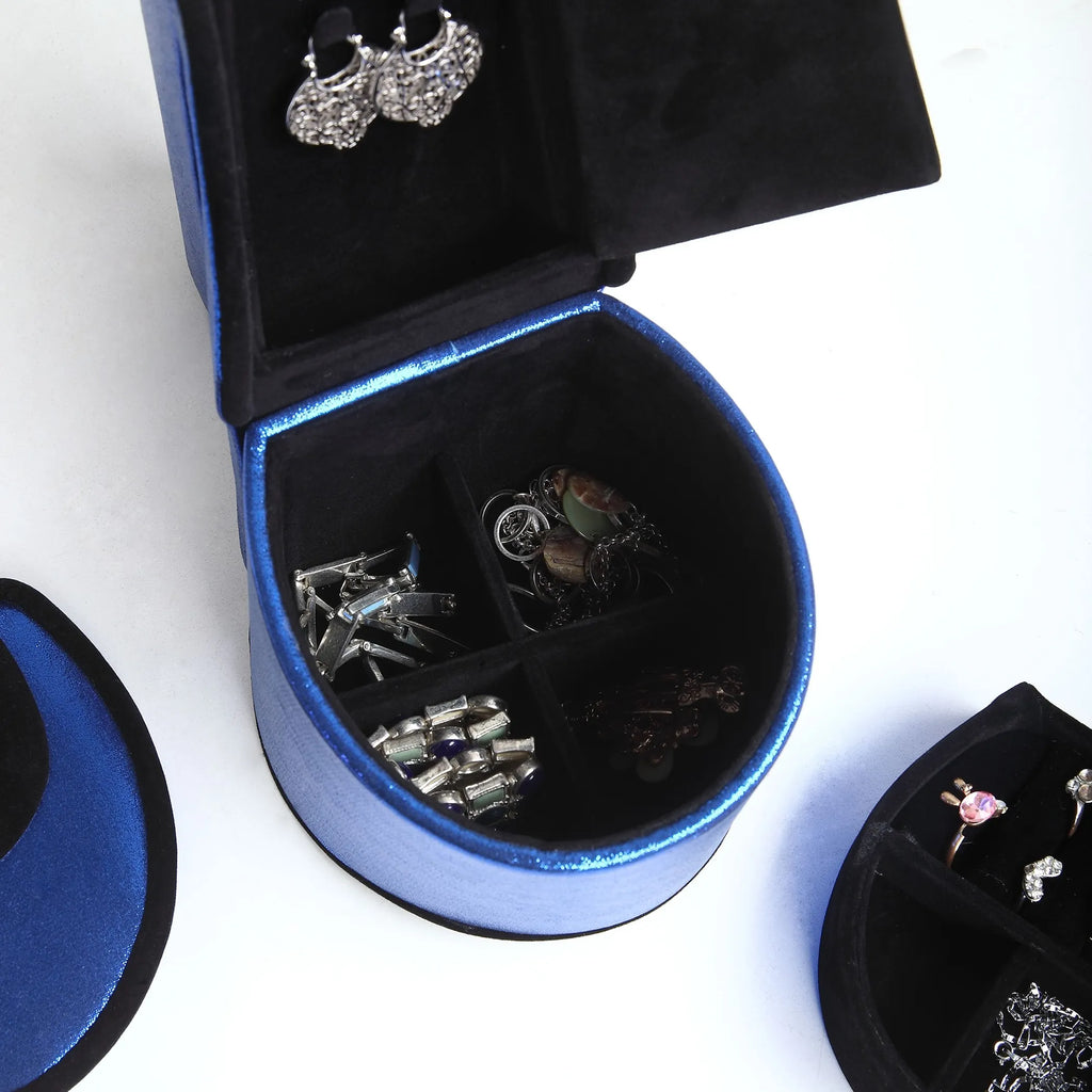 Glitter Blue High Heel Shaped Jewelry Box, Velvet Lined Divided Storage Case, Decorative Tabletop Jewelry Organizer & Gift
