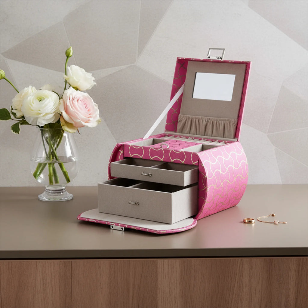 Hot Pink Faux Leather Jewelry Box with Mirror & Handle, Multi-Layer Drawer Jewelry Storage Organizer for Rings Earrings Necklaces, Vanity Decor & Gift