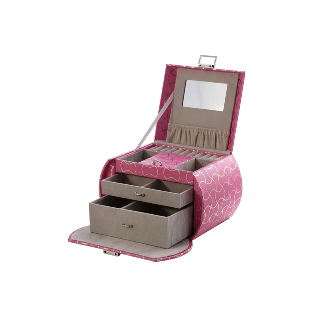 Hot Pink Faux Leather Jewelry Box with Mirror & Handle, Multi-Layer Drawer Jewelry Storage Organizer for Rings Earrings Necklaces, Vanity Decor & Gift