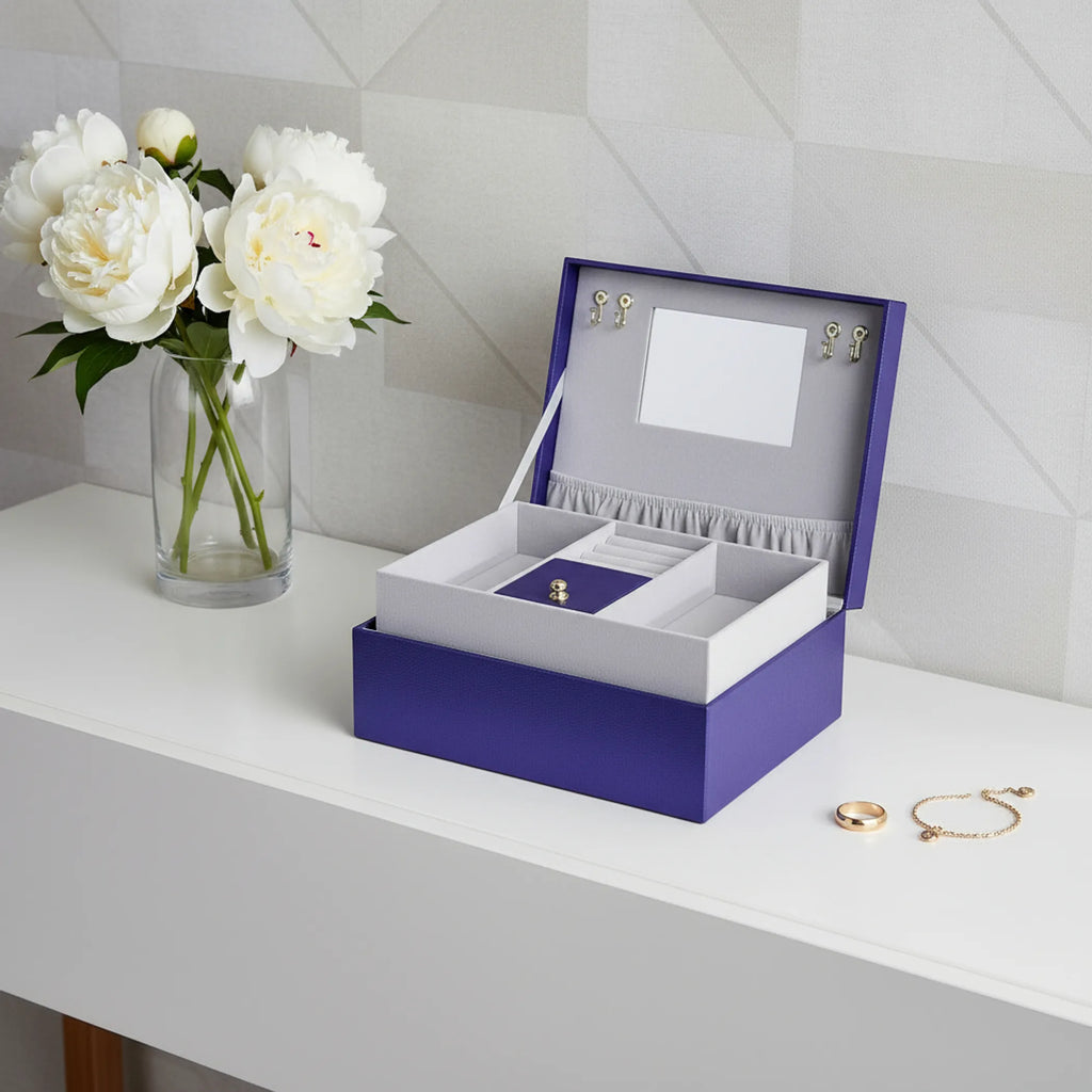 Purple Faux Leather Jewelry Box with Built-in Mirror, Multi Compartment Jewelry Storage Organizer for Rings Earrings Necklaces, Vanity Decor & Gift