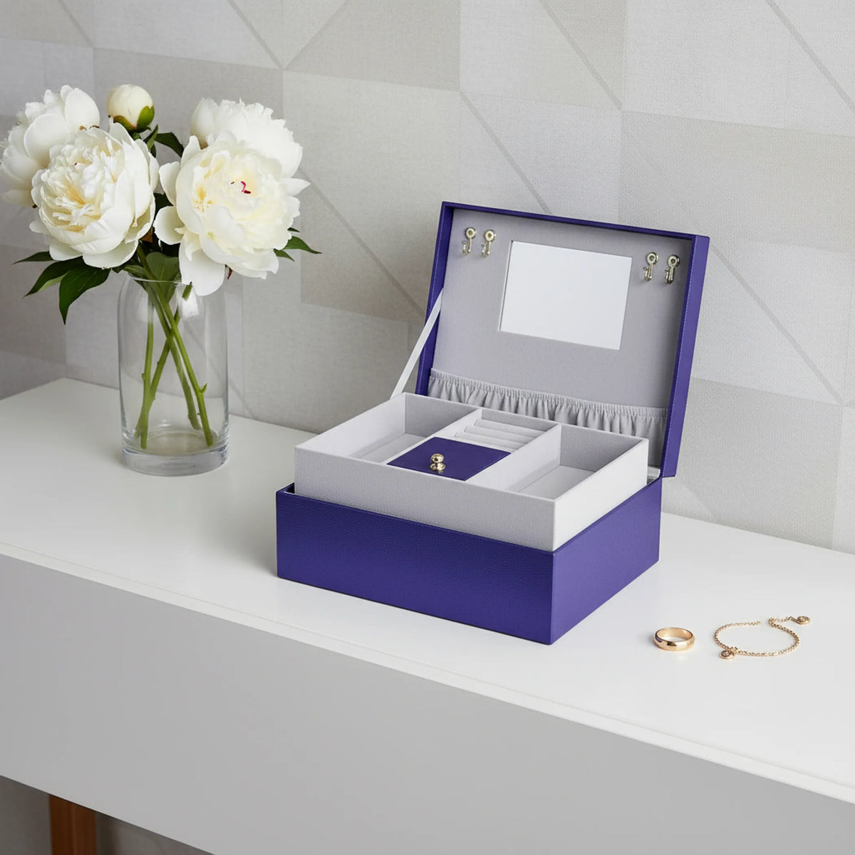 Purple Faux Leather Jewelry Box with Built-in Mirror, Multi Compartment Jewelry Storage Organizer for Rings Earrings Necklaces, Vanity Decor & Gift