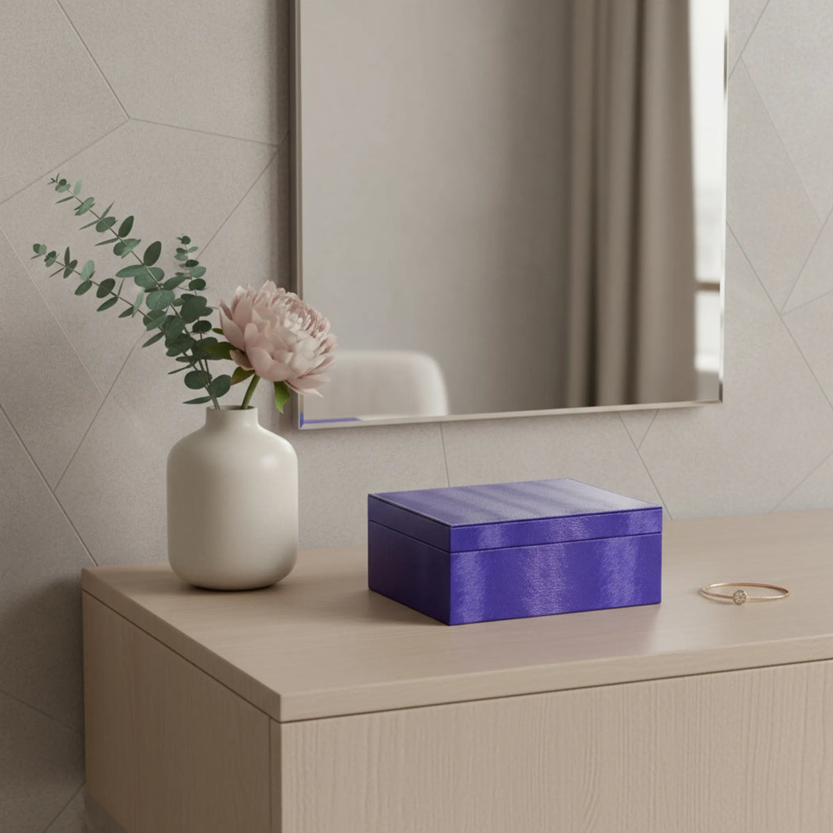 Purple Faux Leather Jewelry Box with Built-in Mirror, Multi Compartment Jewelry Storage Organizer for Rings Earrings Necklaces, Vanity Decor & Gift