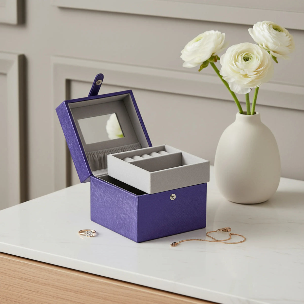 Purple Faux Leather Small Jewelry Box with Mirror, Portable Travel Jewelry Organizer with Snap Closure for Rings Earrings Necklaces, Vanity Storage Case
