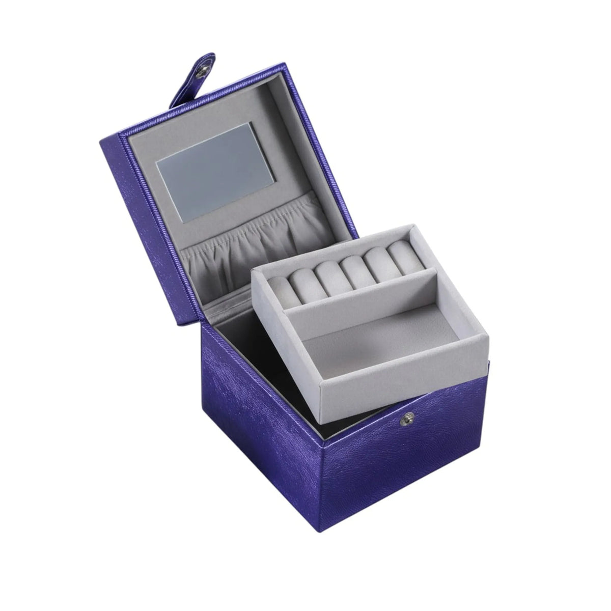 Purple Faux Leather Small Jewelry Box with Mirror, Portable Travel Jewelry Organizer with Snap Closure for Rings Earrings Necklaces, Vanity Storage Case