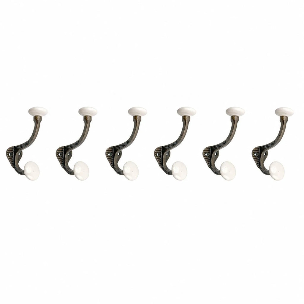 AEELLEEA 6-Pack Vintage Metal Wall Hooks with White Ceramic Knobs, Double Coat Hooks for Entryway, Bedroom & Bathroom