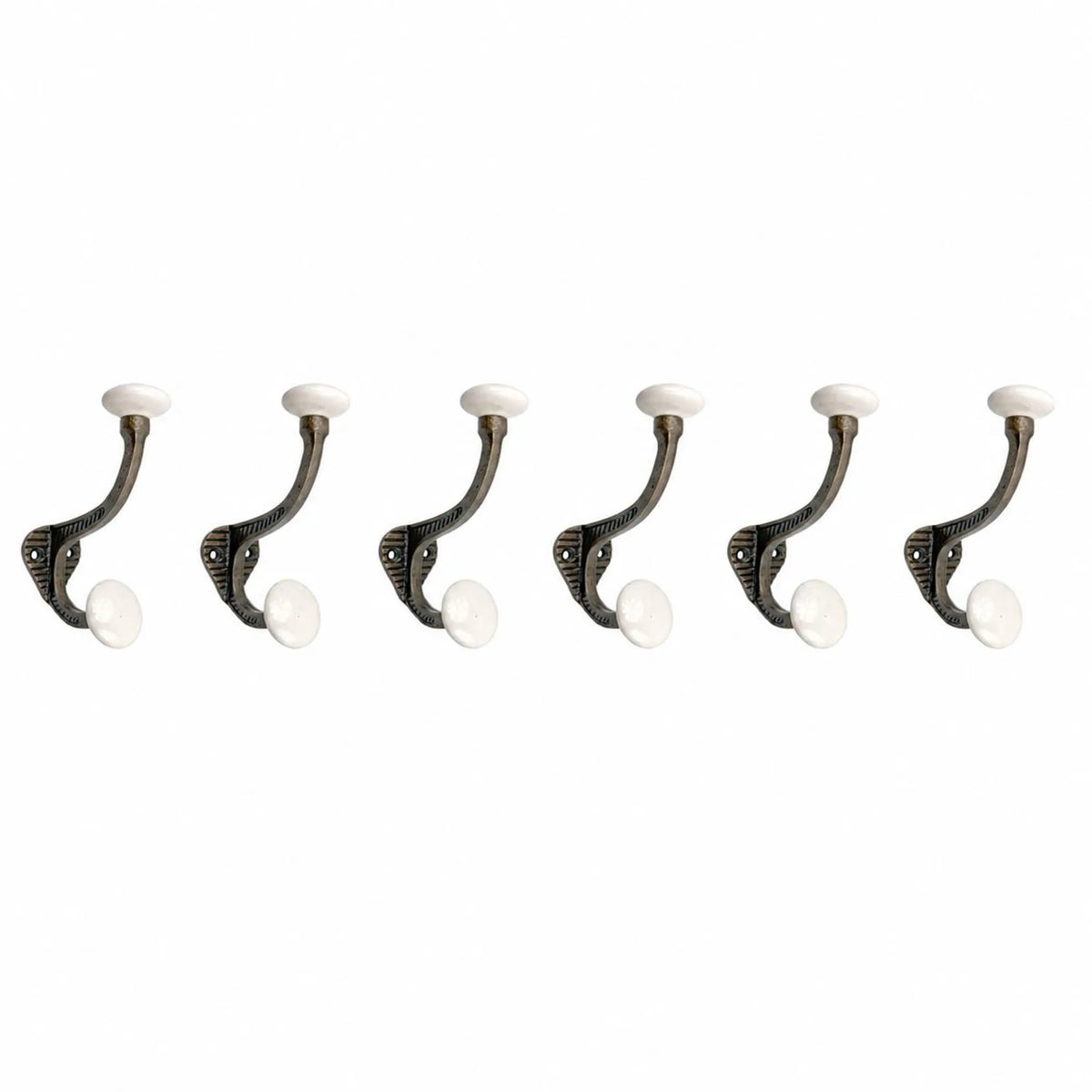 AEELLEEA 6-Pack Vintage Metal Wall Hooks with White Ceramic Knobs, Double Coat Hooks for Entryway, Bedroom & Bathroom