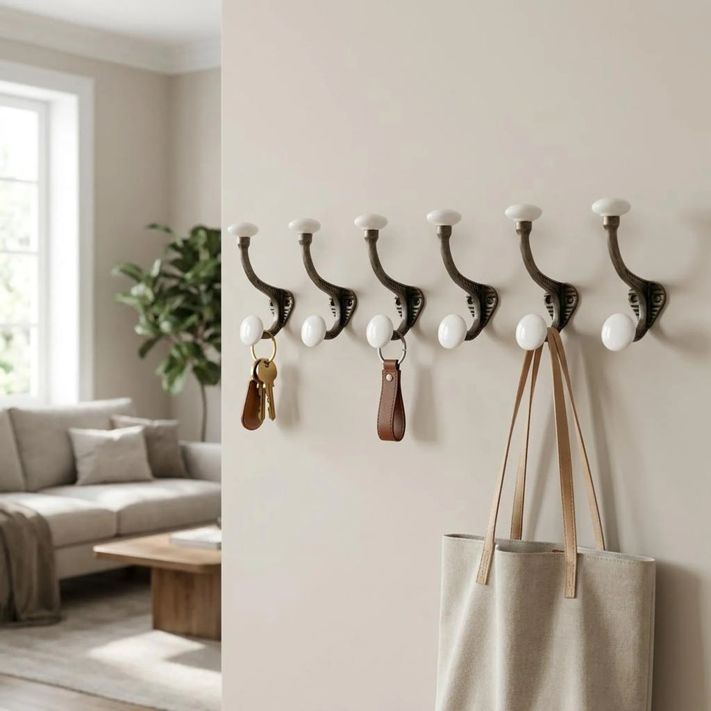AEELLEEA 6-Pack Vintage Metal Wall Hooks with White Ceramic Knobs, Double Coat Hooks for Entryway, Bedroom & Bathroom