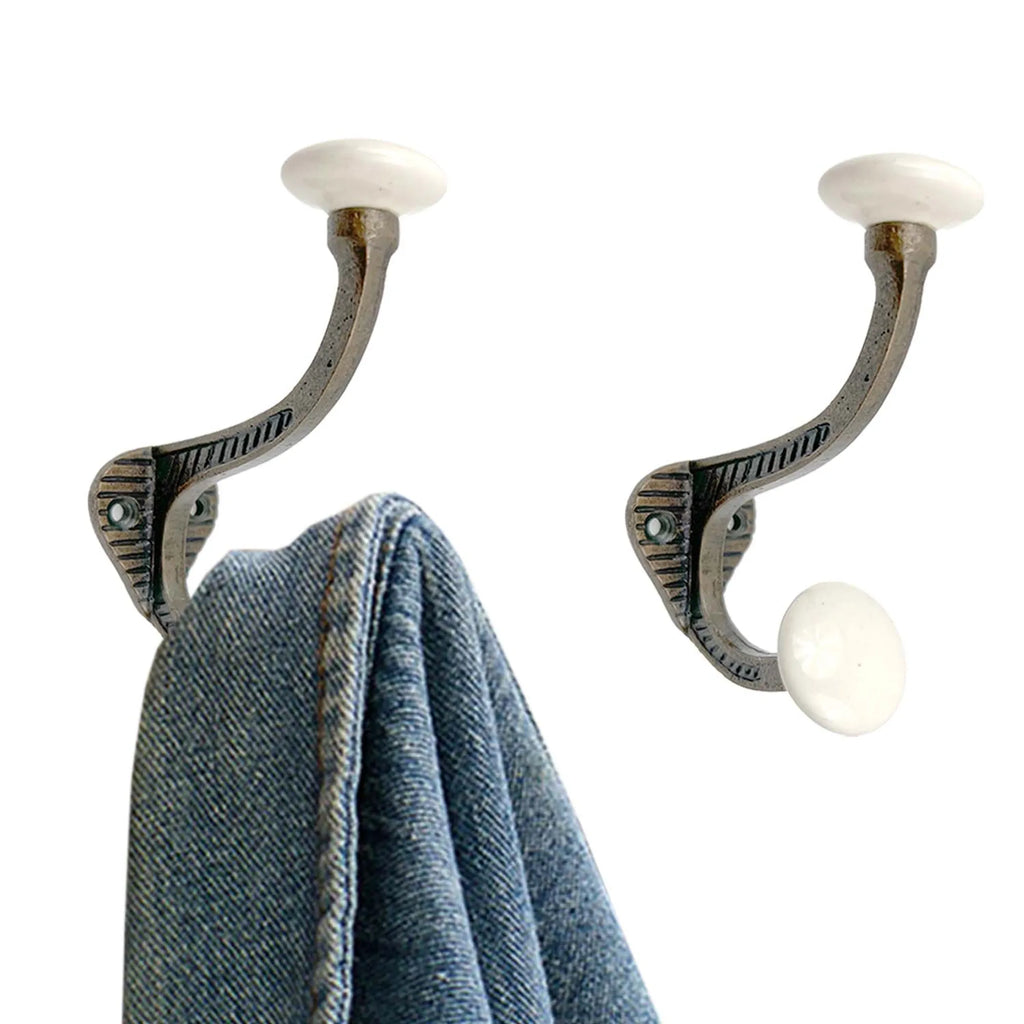 AEELLEEA 6-Pack Vintage Metal Wall Hooks with White Ceramic Knobs, Double Coat Hooks for Entryway, Bedroom & Bathroom