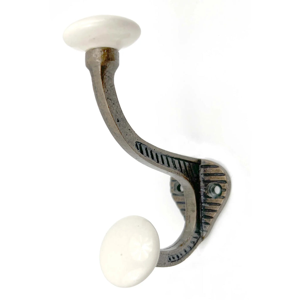 AEELLEEA 6-Pack Vintage Metal Wall Hooks with White Ceramic Knobs, Double Coat Hooks for Entryway, Bedroom & Bathroom