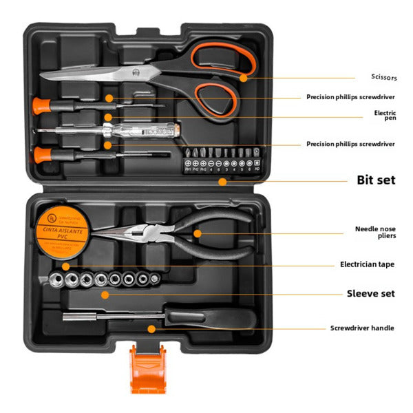 AEELLEEA-26 Piece General Household Hand Tool Set with Plastic Storage Case, Orange, Complete Repair DIY Hand Kit for Home Maintenance