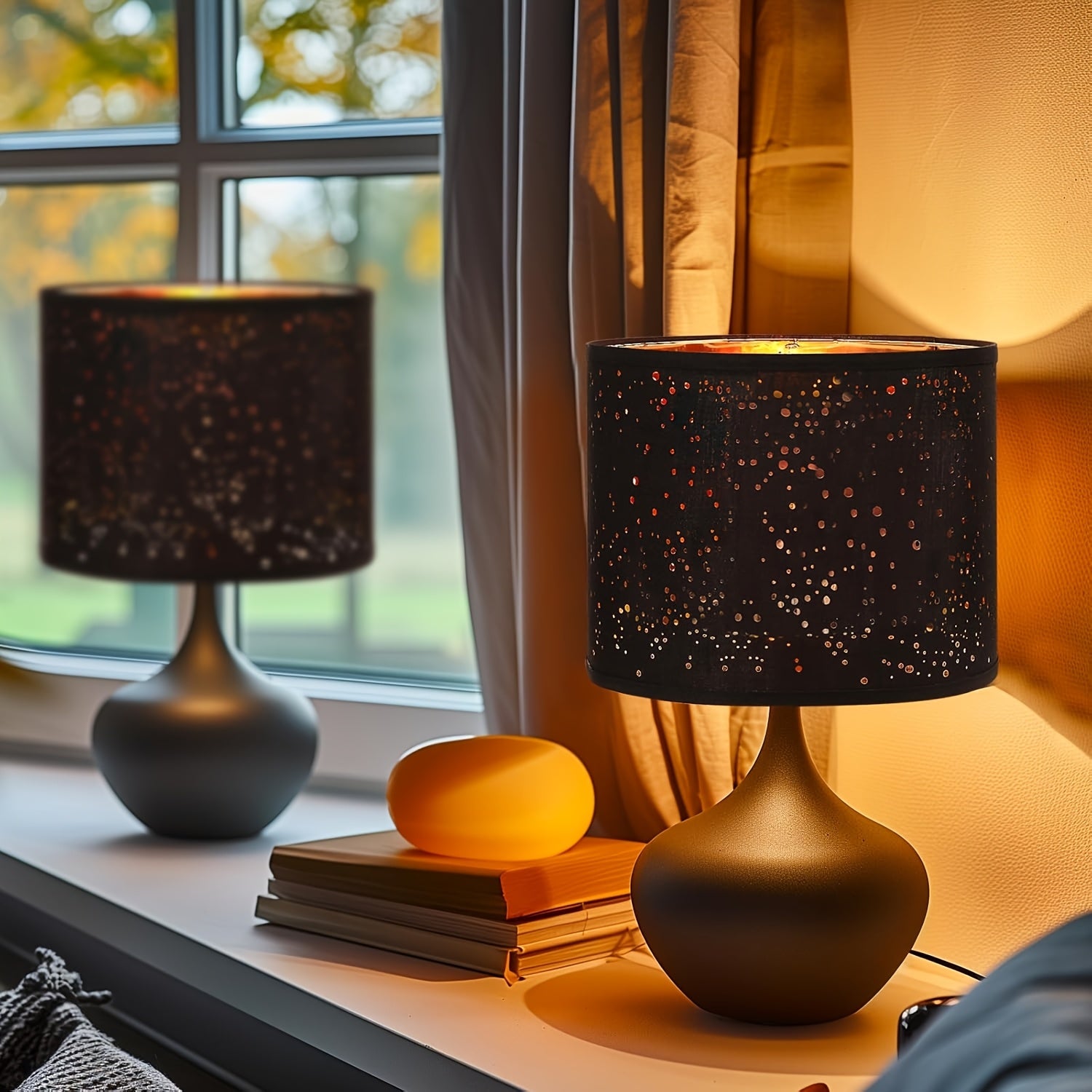 2-Pack Black Starry Sky Drum Lamp Shades, Collapsible Lampshades with Gold Inner Lining, Includes Harp for E26/E27/E14