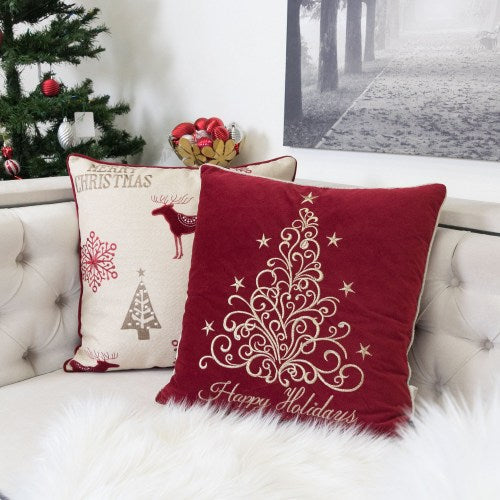 AEELLEEA Happy Holidays Embroidered Velvet Throw Pillow, 20x20in Square Cushion with Gold Tree & Star Embroidery, Soft Plush Insert Included for Holiday Home Decor