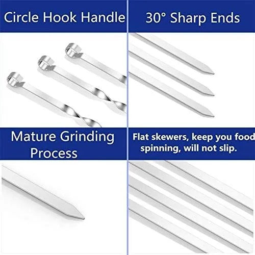 14 Inch Stainless Steel BBQ Skewers, 12 Pack Flat Metal Kabob Skewers, Reusable Grilling Shish Kebob Sticks for Meat, Shrimp, Vegetable Outdoor Barbecue
