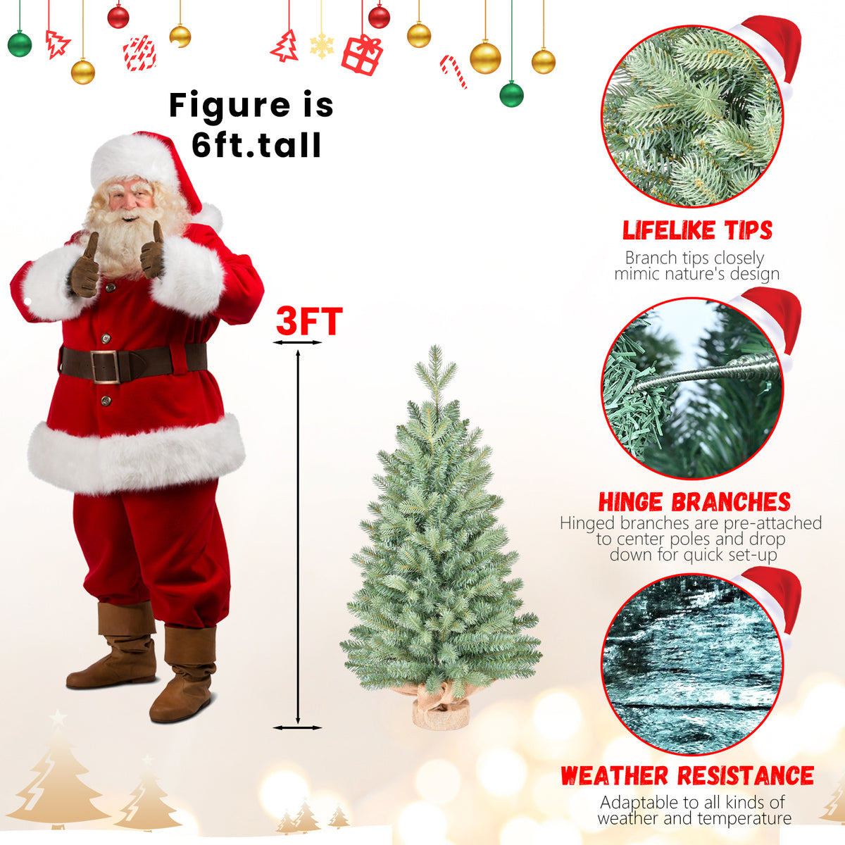 3ft Artificial Mini Christmas Tree, Realistic Green Pine with Burlap Base, Unlit Tabletop Xmas Decor for Home Holiday Party