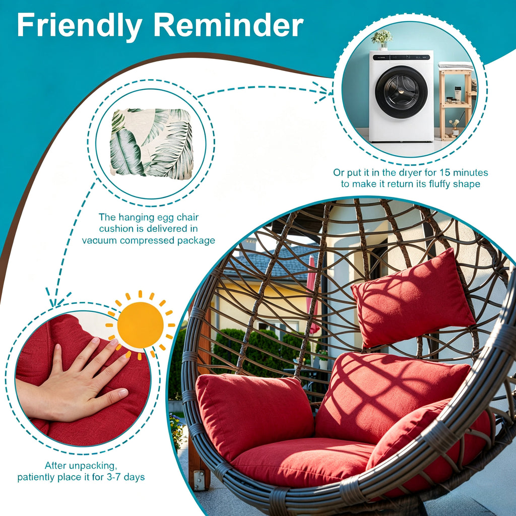 Hanging Egg Chair Cushion with Head Pillow, Thick Hollow Cotton Replacement Pad, Removable Washable Polyester Cover for Indoor Outdoor Wicker Swing Chair