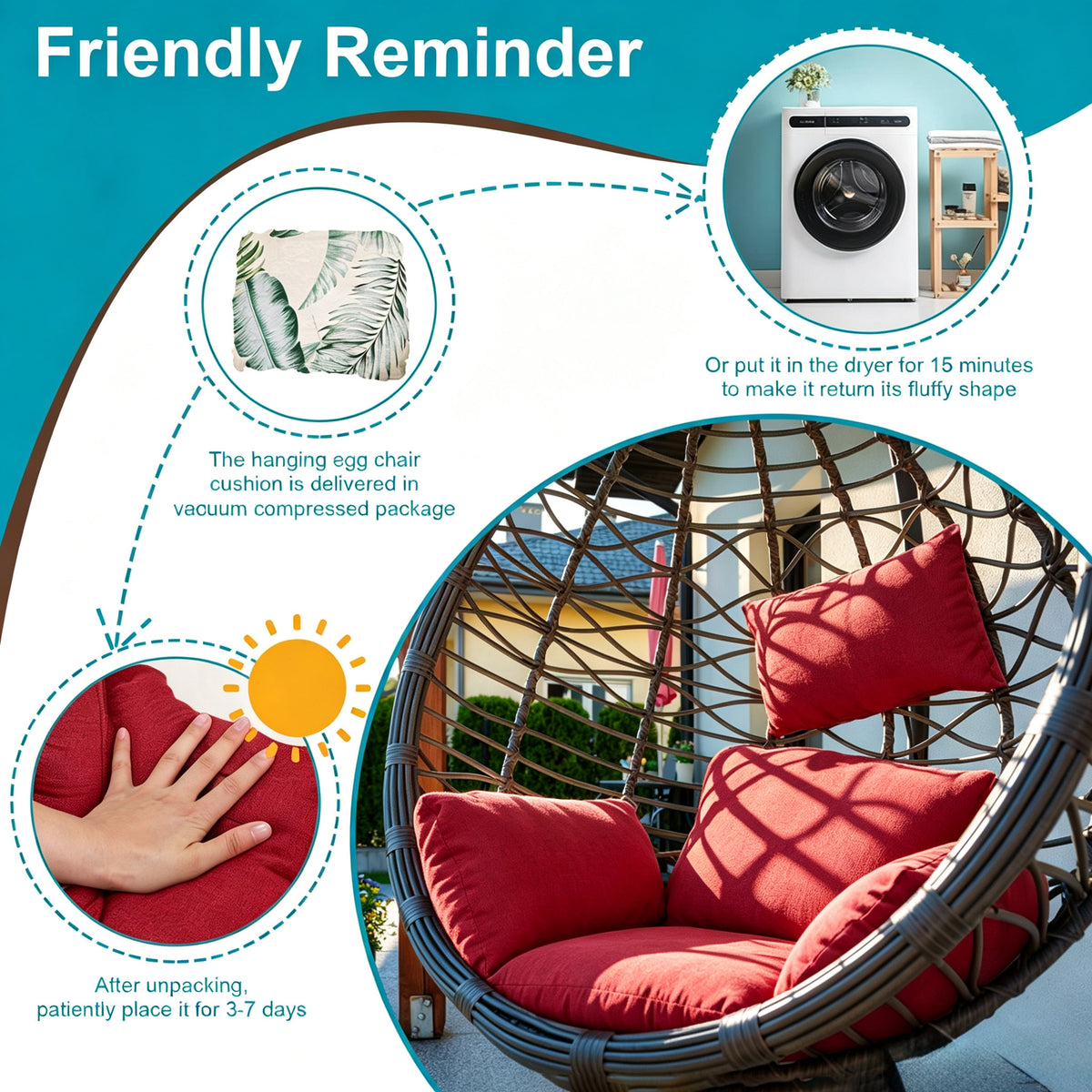 Hanging Egg Chair Cushion with Head Pillow, Thick Hollow Cotton Replacement Pad, Removable Washable Polyester Cover for Indoor Outdoor Wicker Swing Chair
