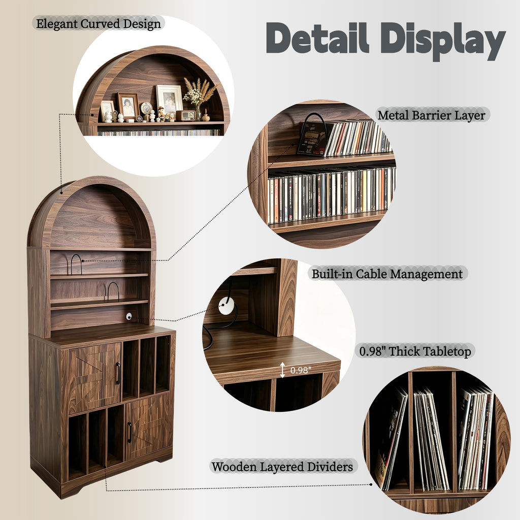 AEELLEEA Arched Vinyl Record Storage Cabinet, Tall Mid-Century Turntable Stand with Doors, Holds 400 LPs, Media Shelf for Living Room