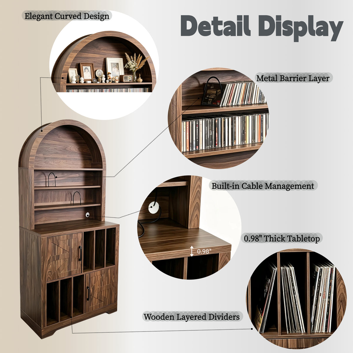 AEELLEEA Arched Vinyl Record Storage Cabinet, Tall Mid-Century Turntable Stand with Doors, Holds 400 LPs, Media Shelf for Living Room
