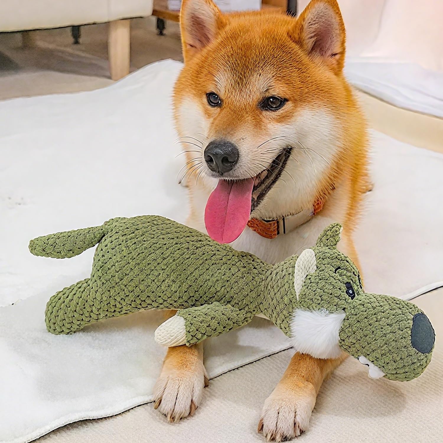 Plush Chew Toys for Large Dogs, Wolf Squeaky Dog Toys for Small Medium Large Dog, Durable Stuffed Pet Chew Toy for All Breeds - Large Size, Green