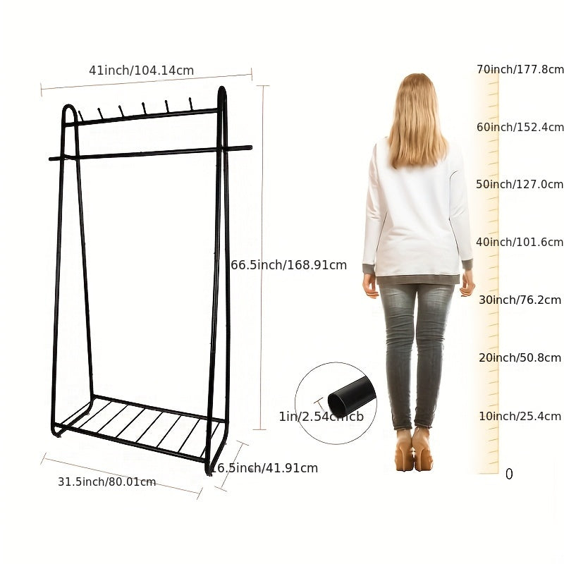 Heavy Duty Black Garment Rack with 6 Hooks & Shoe Shelf, 16"D x 41"W x 66"H, Freestanding Rolling Clothes Organizer for Bedroom & Living Room