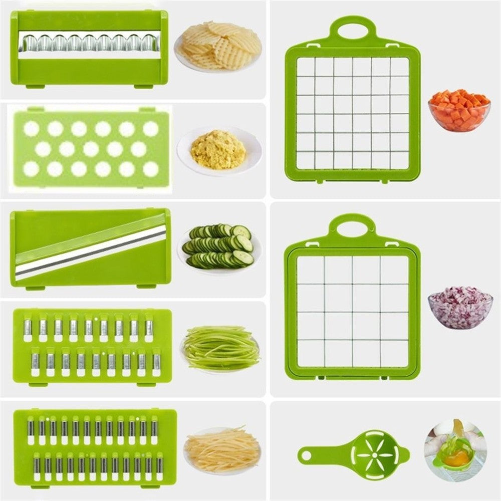 16 in 1 Vegetable Chopper, Multifunctional Veggie Slicer Dicer with 1.5L Storage Container, Interchangeable Blades & Hand Guard for Onion Carrot Fruit