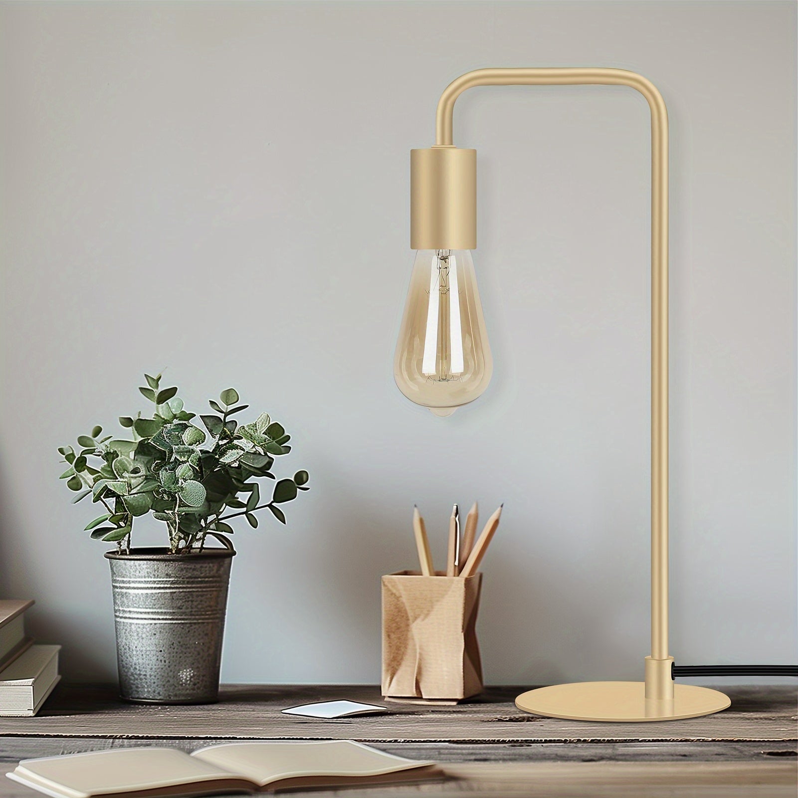 French Gold Desk Lamp - Edison Desk Lamp - Industrial Bedside Lamp For Bedroom, Living Room, Dormitory - Small Metal Lamp For Reading, Nightstand, Dressing Table