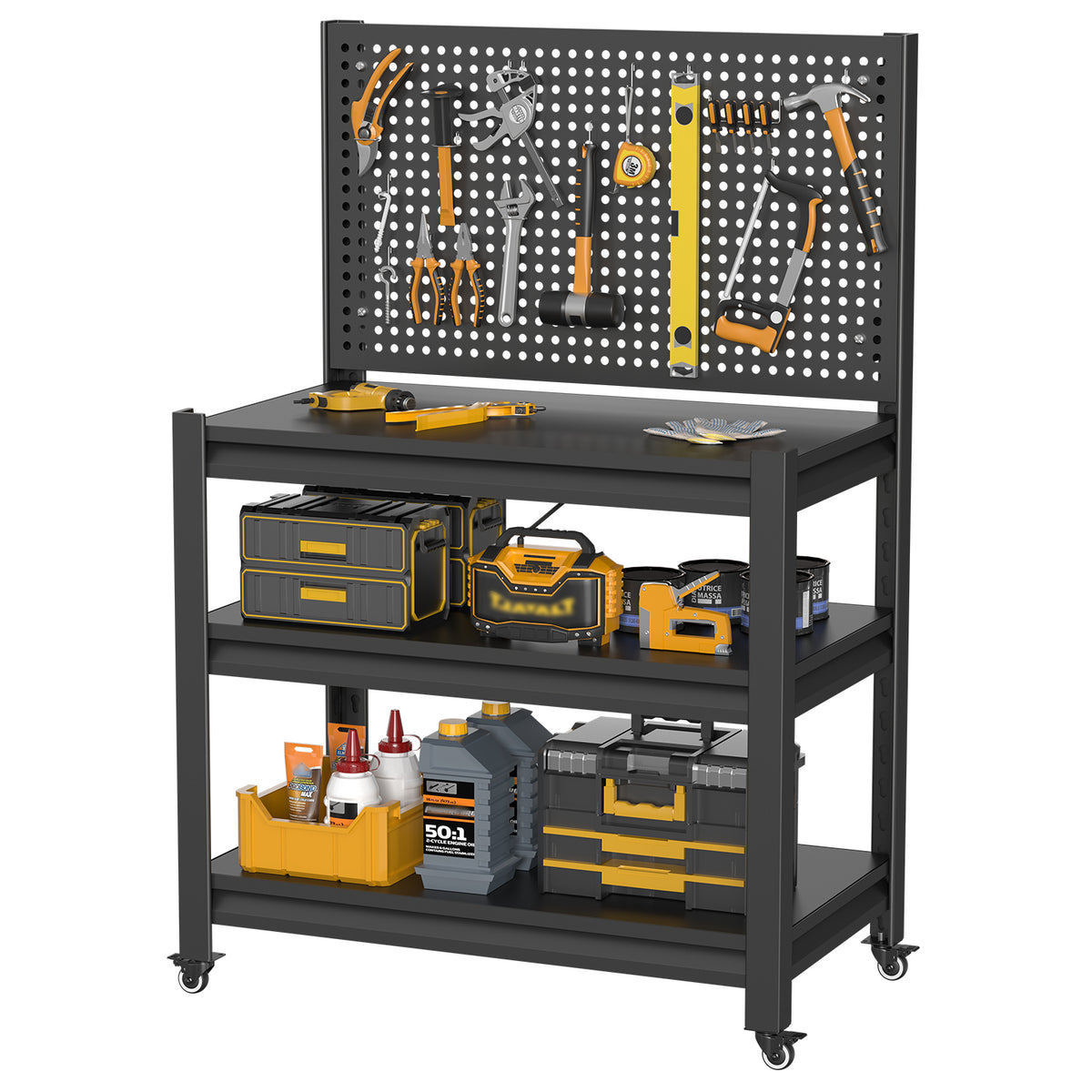 AEELLEEA 31.5"×15.7"×47.1" Heavy Duty Rolling Tool Storage Cart, 3-Tier Steel Workbench with Pegboard & Lockable Wheels for Garage