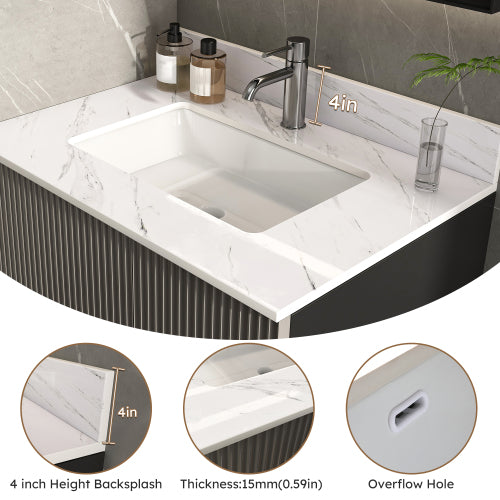 31 Inch Bathroom Vanity Top with Undermount Rectangle Sink, White Marble Engineered Stone Countertop with 4 Inch Backsplash