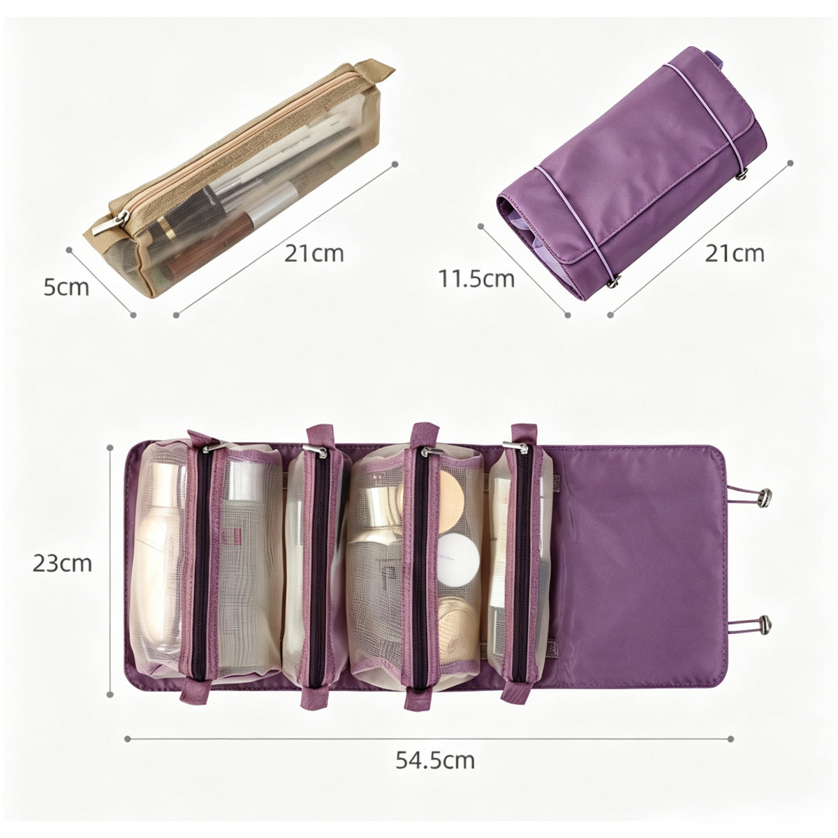 Roll Up Travel Makeup Bag with 4 Detachable Mesh Pouches, Portable Foldable Cosmetic Toiletry Organizer for Vacation & Daily Use