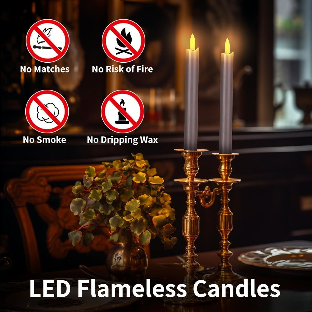 Flameless Gray Taper Candles Flickering with 10-Key Remote, LED Warm 3D Wick Light Window Candles Real Wax Pack of 6, Christmas Home Wedding Decor